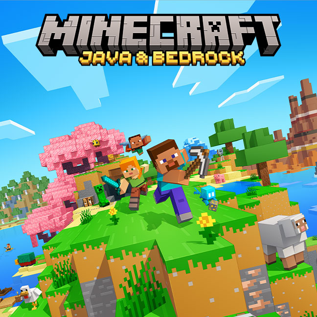Official Minecraft Overworld promotional artwork with Steve exploring biomes